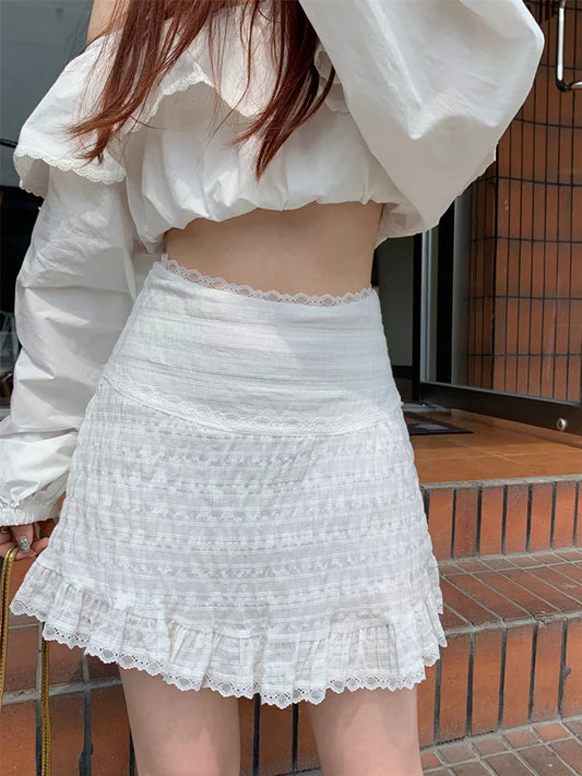 DressBetty - White Lace Trim Ruffled Sweet High Waist A-Line Skirt
