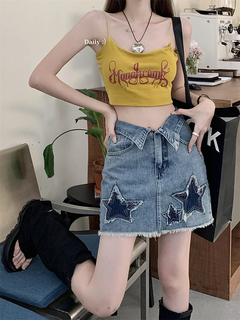DressBetty - Y2k Star Patch Raw Hem Cuffs A-line Short Skirt Main image