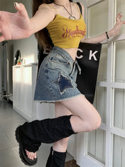 DressBetty - Y2k Star Patch Raw Hem Cuffs A-line Short Skirt