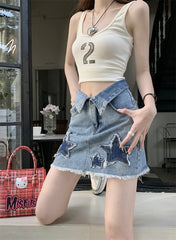DressBetty - Y2k Star Patch Raw Hem Cuffs A-line Short Skirt
