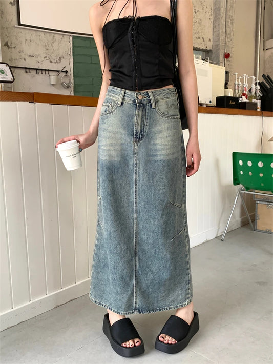 DressBetty - Y2k Street Retro Split Washed High Waist A-line Denim Skirt