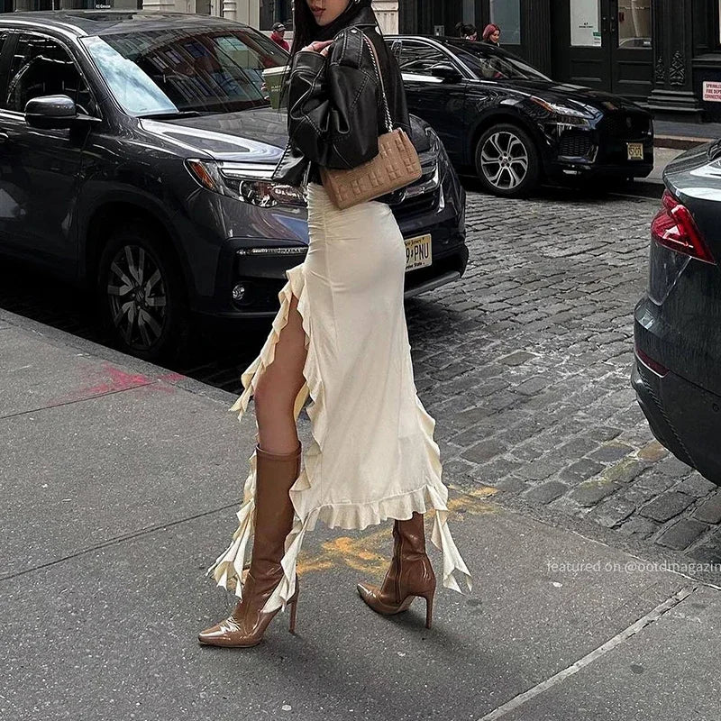 Black Asymmetrical Split  High Waist Floor-Length Skirt Main image