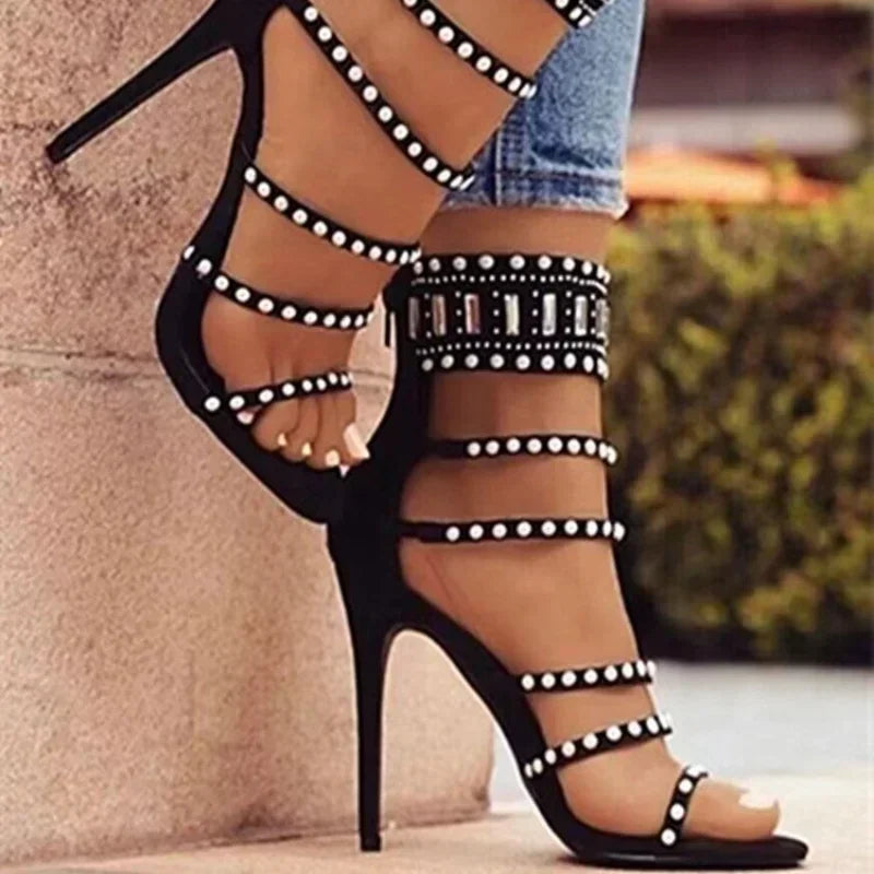 Sophisticated Black Beige Gladiator  Peep Toe Diamond Pearl Ankle Band High Heel Main image
