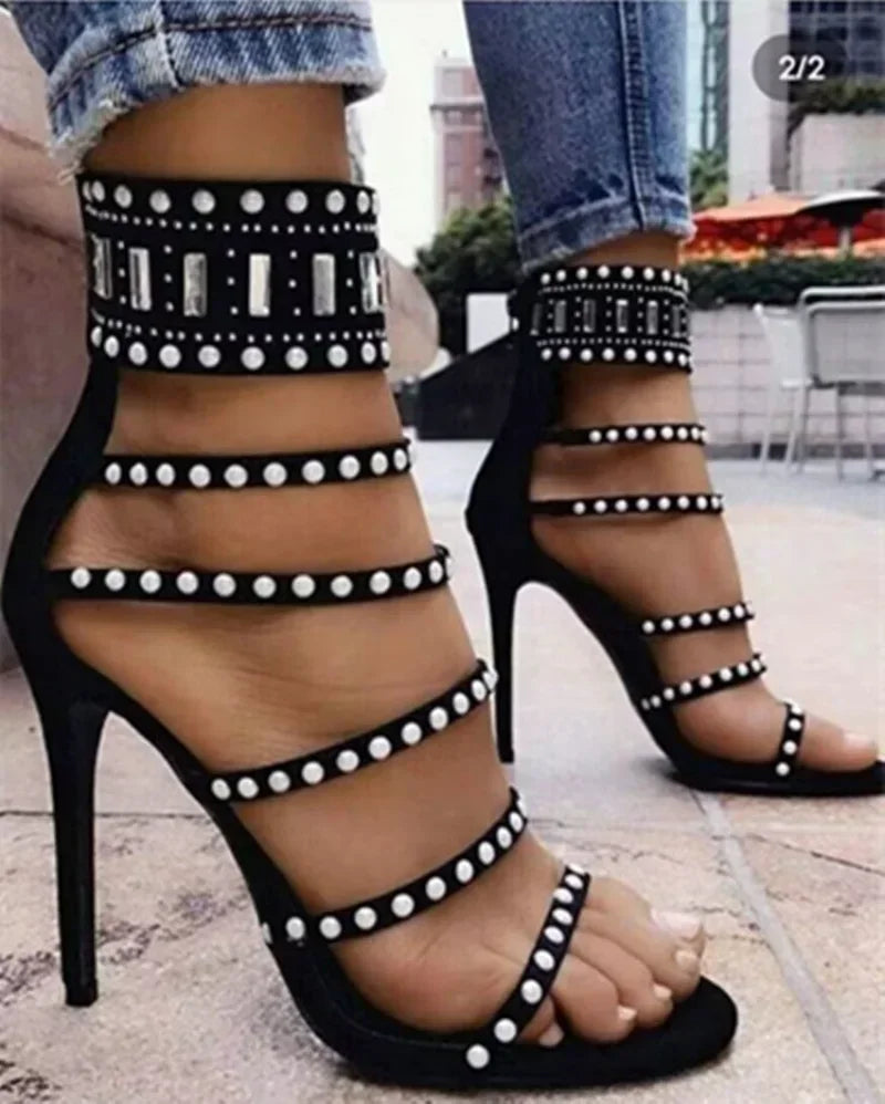 Sophisticated Black Beige Gladiator  Peep Toe Diamond Pearl Ankle Band High Heel Secondary image