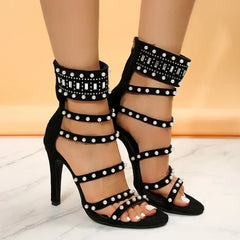 Sophisticated Black Beige Gladiator  Peep Toe Diamond Pearl Ankle Band High Heel
