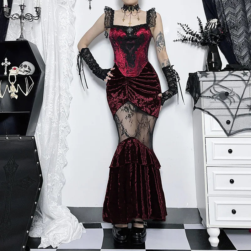 Black Fairy Grunge Women Gothic Velvet Lace Stitching Fall Sexy Fishtail Skirt