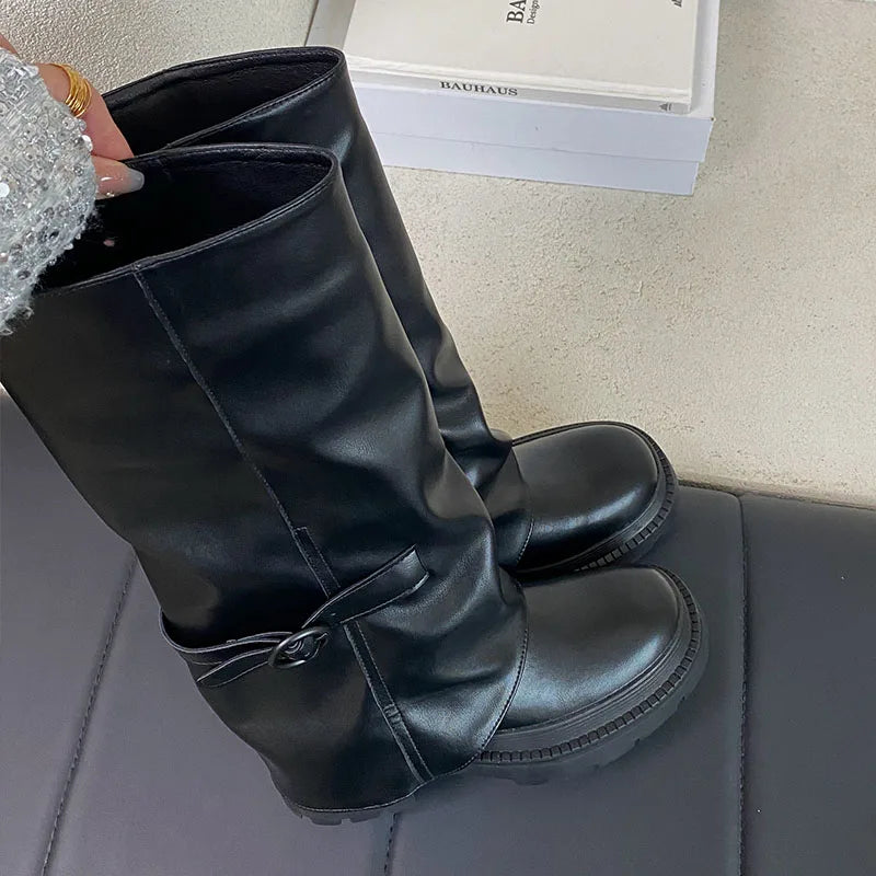 Black Footwear Round Toe Heels Fashion Slip On Long Knee High Boots Main image