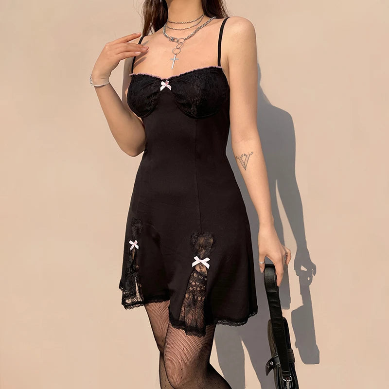 Black Gothic Lolita Style Lace Trim Sleeveless V Neck Bow Y2K Aesthetic Grunge Mini A-Line Dress Main image