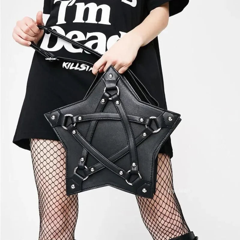 Black Gothic Pentagram Unisex Punk Designer Casual Retro Fashion Leather Bag Main image