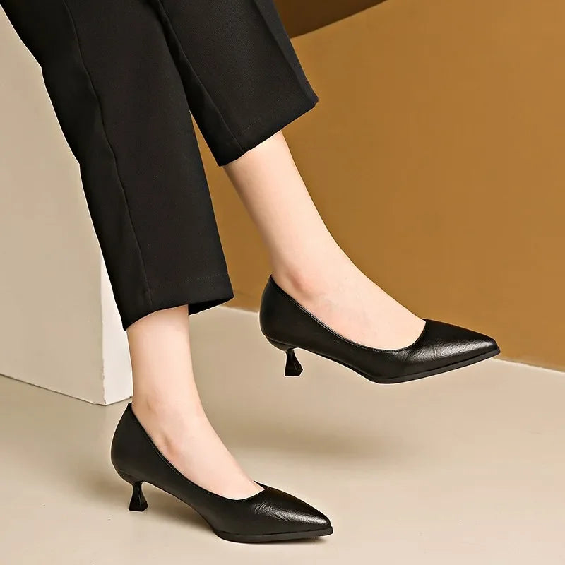 Black Highs Autumn Fashion Pointed  Stiletto Commuting Ladies Low Heel Pumps