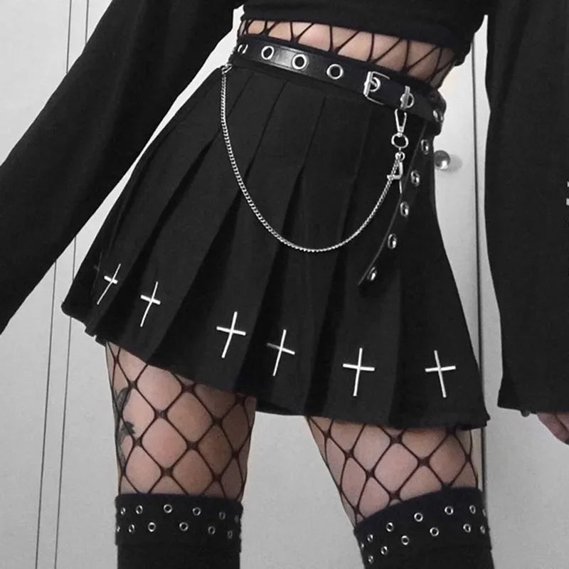Black High Waist Pleated Vintage Gothic Streetwear Cross Print Skirt Main image