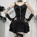 Black Lace Trim Cross Lace-up Mini Vintage  A-Line Layered Short Women Summer Autumn Skirt