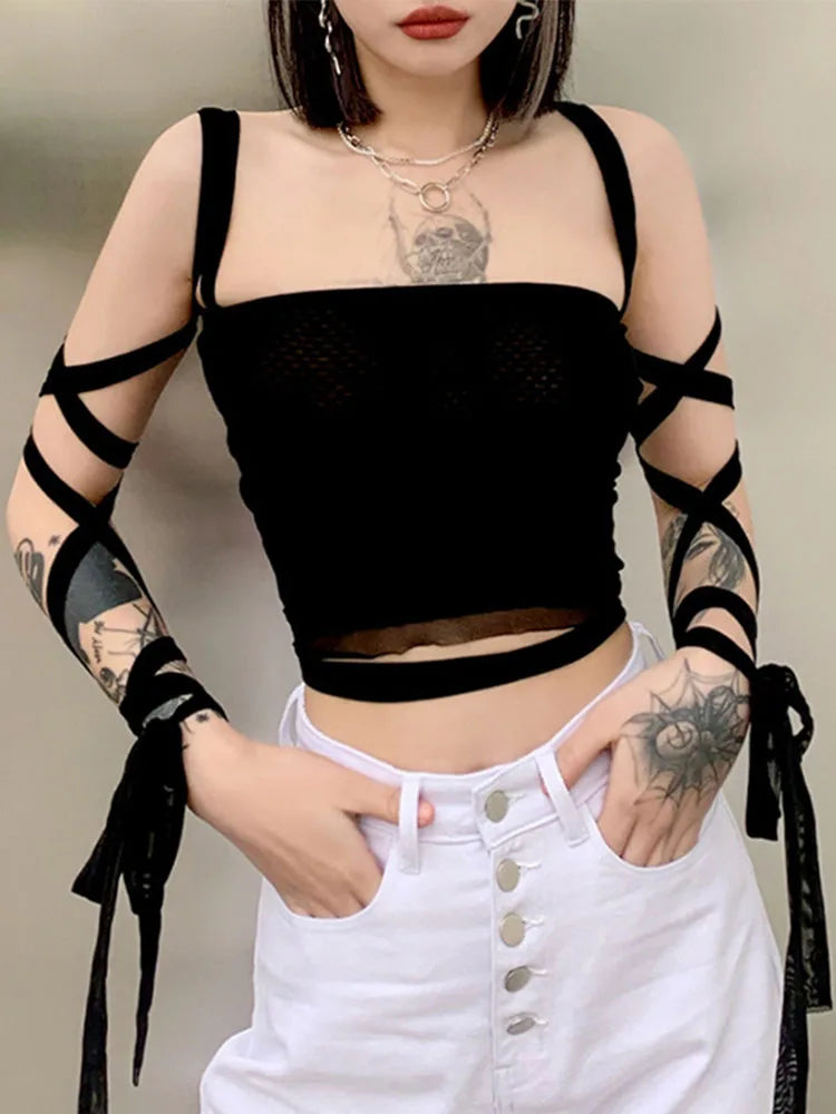 Mesh Lace Up Bandage Fairy Grunge Cyber Y2k Mall Goth  Crop Top Main image