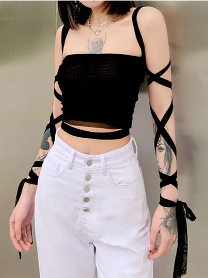 Mesh Lace Up Bandage Fairy Grunge Cyber Y2k Mall Goth Sexy Crop Top