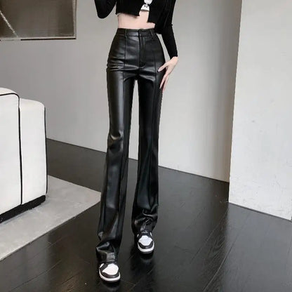 Black High Waist Wide Leg Slim Straight Loose Leather Autumn Urban Casual Pants