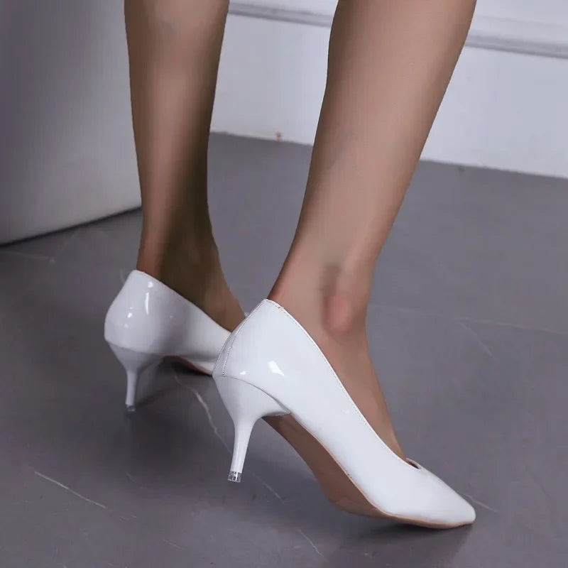 Black Patent Leather Office  Pointed Toe Solid Simple Stiletto Low Heel Pumps