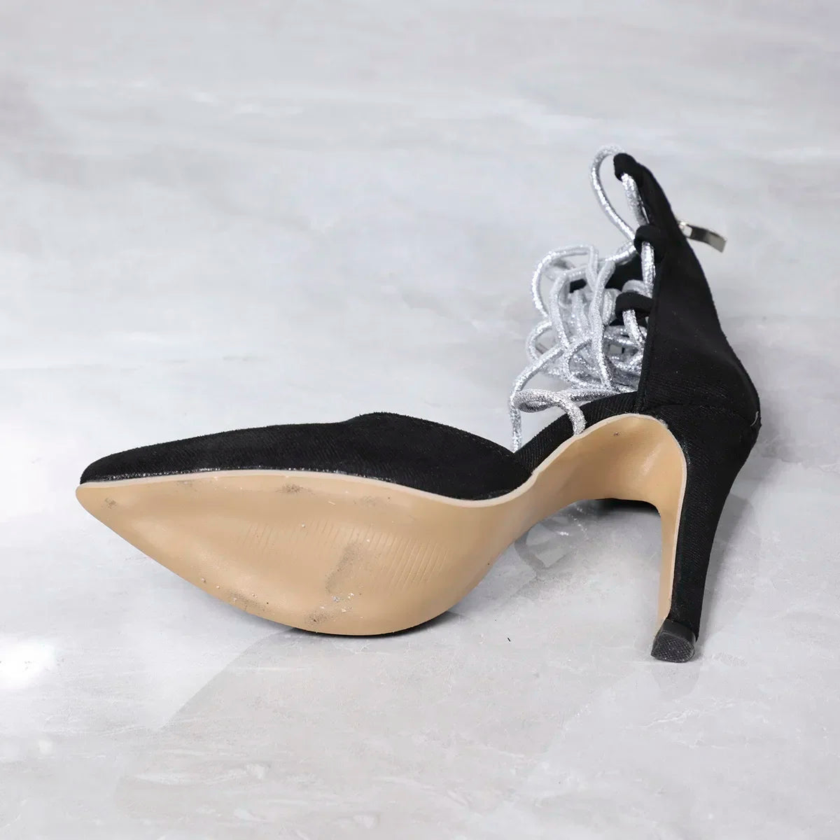 Black Pointed Rhinestone Cross Strap Thin Heels Office Party High Heel