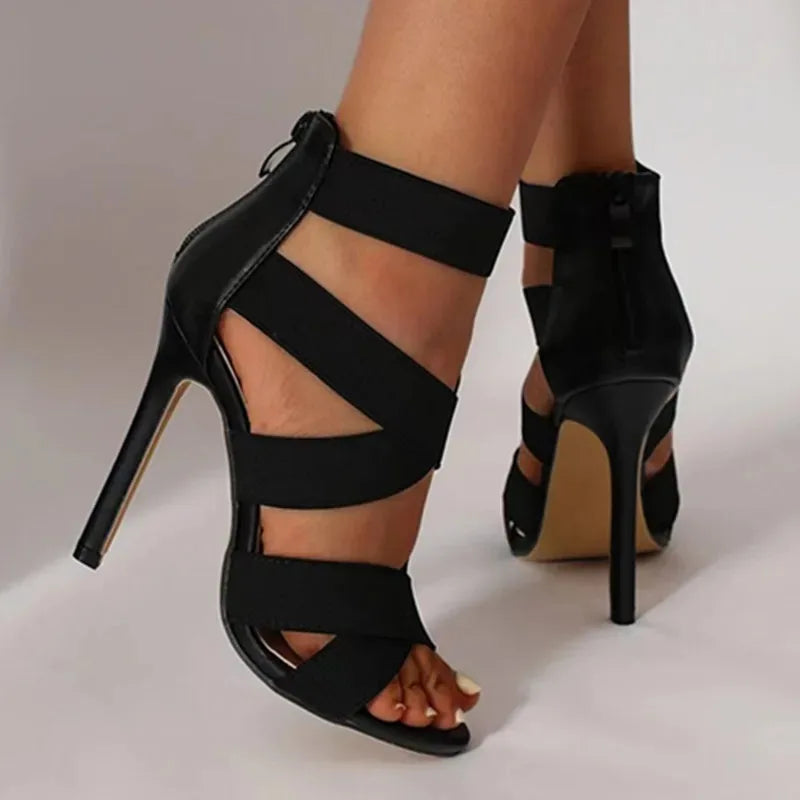 Stylish Black Open Toes Gladiator Super High Heel Broadband Back Zipper High Heel