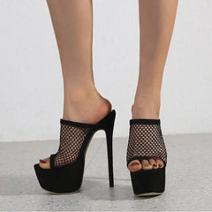 Eye-catching Black  Peep Toe Platform Mesh Hollow Out High Heel