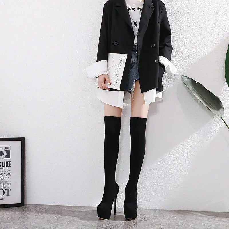 Sleek Black Sexy Thigh High Long Socks Platform Slim Elastic High Heel