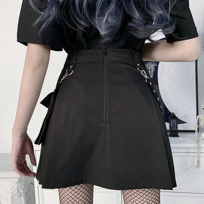 Black Functional Irregular Pleated A-line High Waist Tooling Waist Chain Gothic Harajuku Y2k Goth Skirt