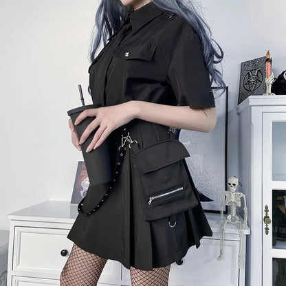 Black Functional Irregular Pleated A-line High Waist Tooling Waist Chain Gothic Harajuku Y2k Goth Skirt