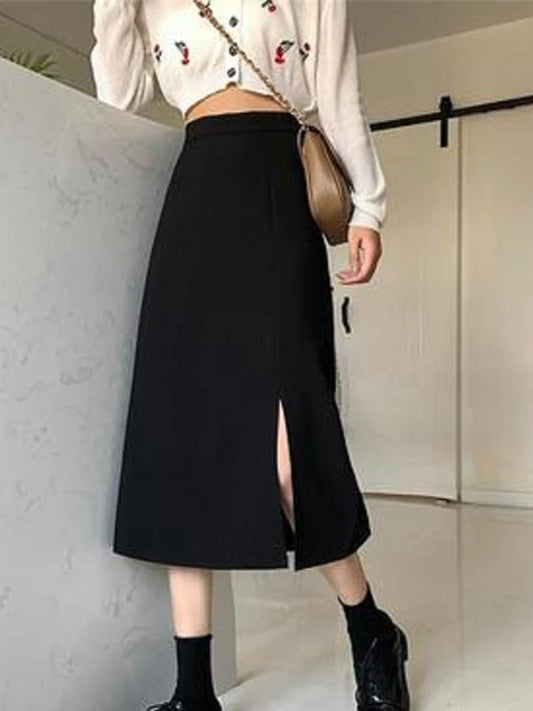 DressBetty - Black Mid-calf College A-line High Waist Streetwear Female Skirt