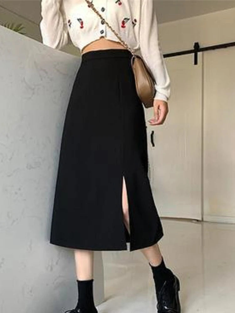 DressBetty - Black Mid-calf College A-line High Waist Streetwear Female Skirt Main image