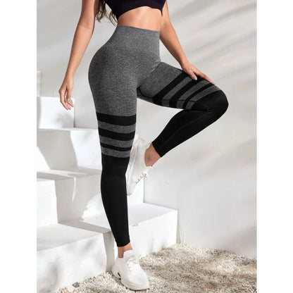 Black Stripe Seamless Slim Gym Running High Waist Fashion Knit Leggings