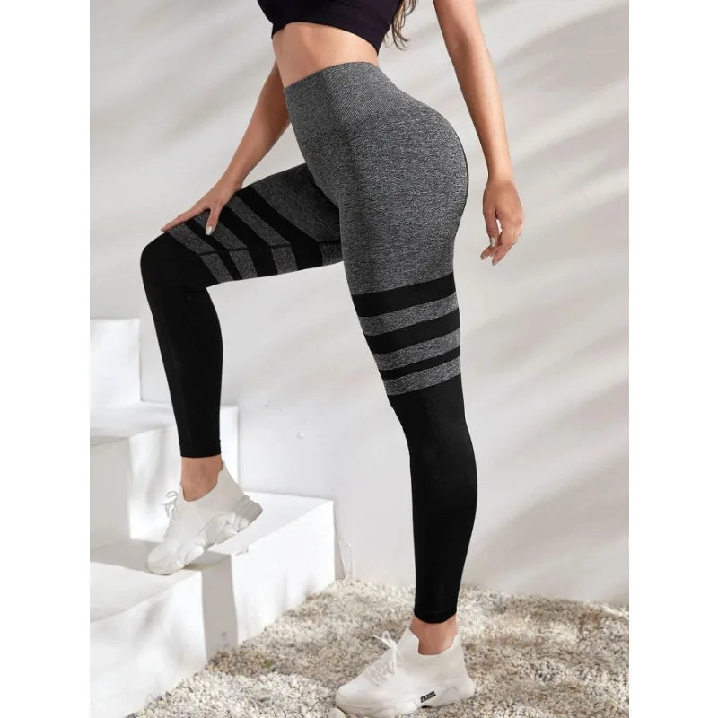 Black Stripe Seamless Slim Gym Running High Waist Fashion Knit Leggings