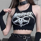 Black Knitted Grunge Punk Goth Goat Head Print Summer  Sleeveless O-neck Crop Top
