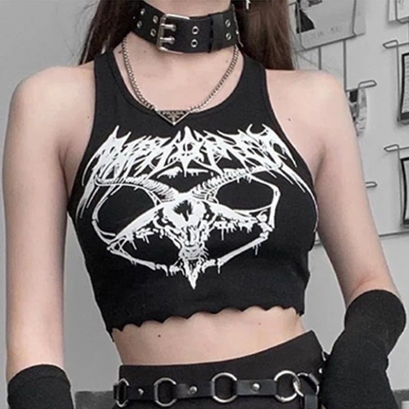Black Knitted Grunge Punk Goth Goat Head Print Summer  Sleeveless O-neck Crop Top Secondary image