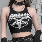 Black Knitted Grunge Punk Goth Goat Head Print Summer  Sleeveless O-neck Crop Top