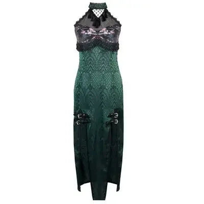 Original Design Summer Dress Snake Halter Neck Mesh Patch New Sexy Gothic Cheongsam High Slit Dress