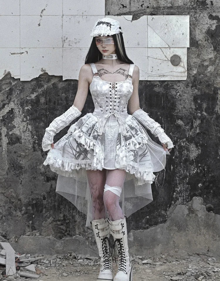 Original Madhouse Vintage Punk Niche Trailing Print Dress Gothic Light Lolita Suspender Dress Main image
