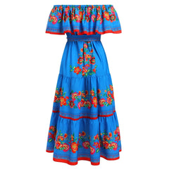 Bohemian Slash Neck Off Shoulder Flower Print Long Swing 2024 New Summer Vintage Beach Vacation Floral Dress