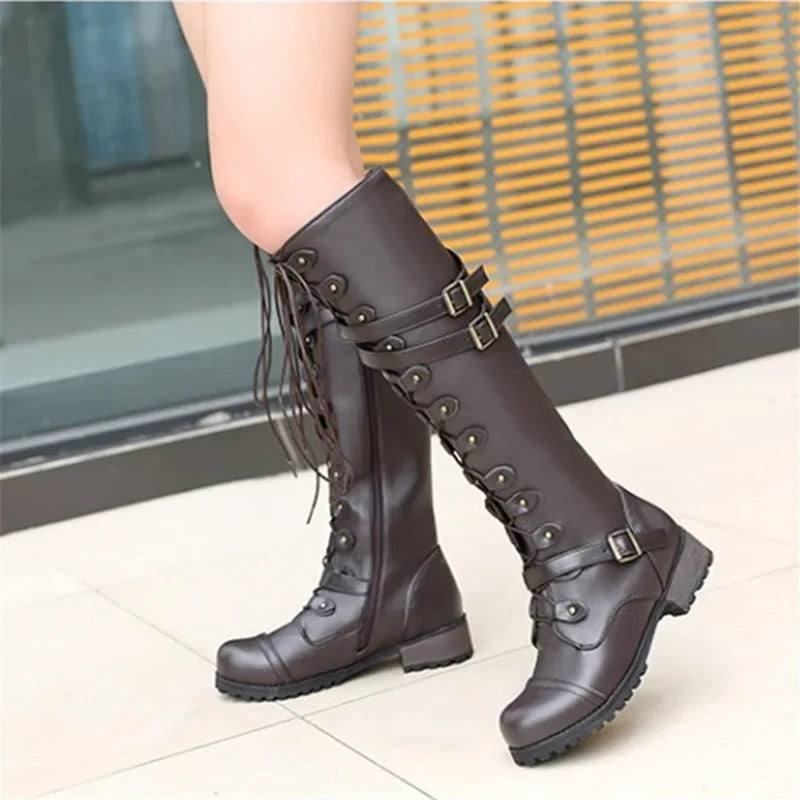 Rome Style Lace Up Platform Winter Solid Plus Size Knee High Boots Main image