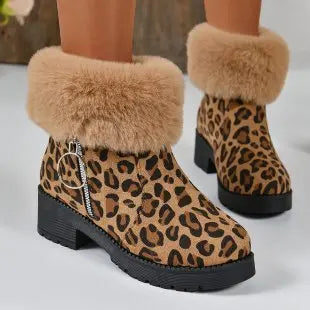 Ankle Fur Suede Leopard Platform Chunky Short Plush Snow Boot Main image