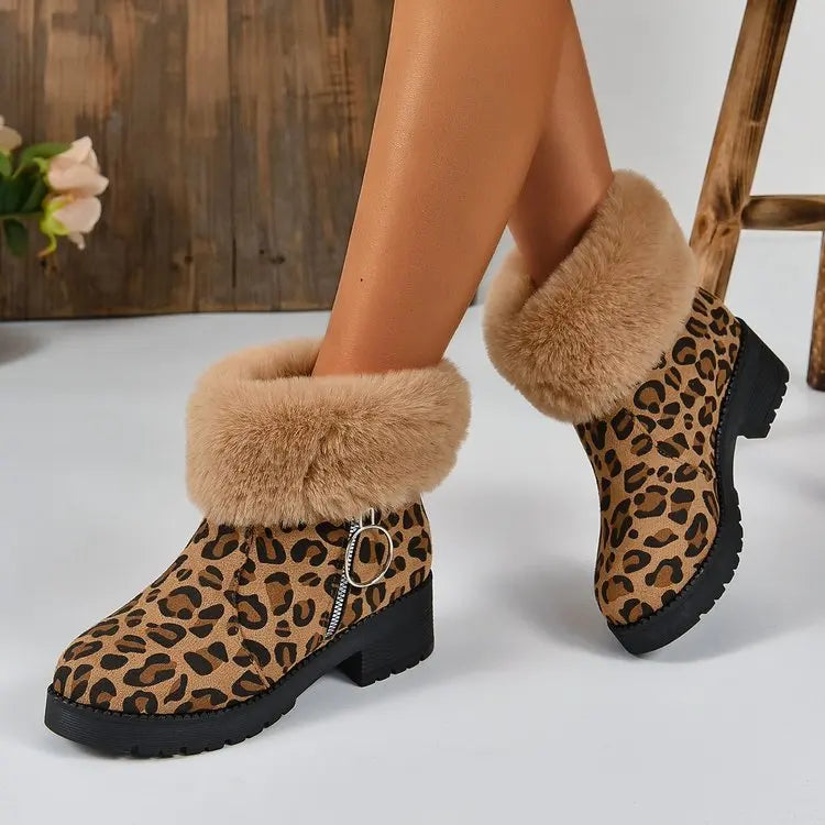 Ankle Fur Suede Leopard Platform Chunky Short Plush Snow Boot