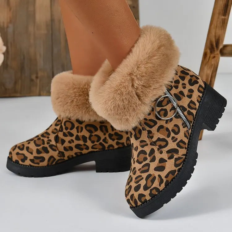 Ankle Fur Suede Leopard Platform Chunky Short Plush Snow Boot Secondary image
