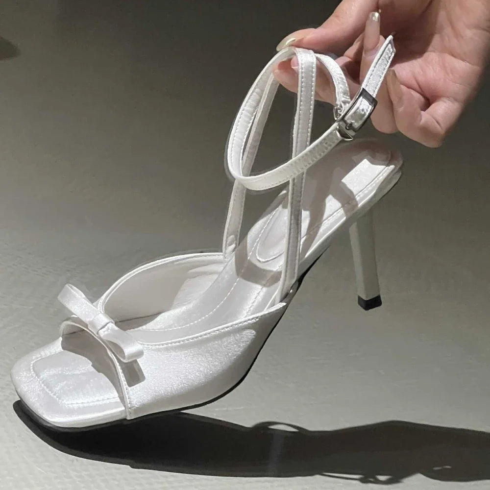 Bow Satin Luxury Designer Ankle Strap Square Toe Pumps High Heel Secondary image