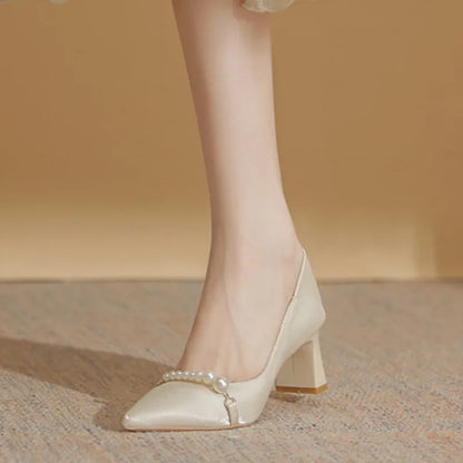 New Elegant Pearl Embellished Korean Fashion Women's Highs Shal Mouth Thick Shoes Low Heel Pumps