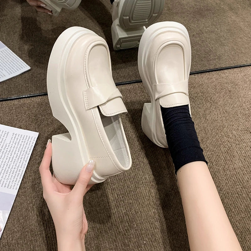 British Style Platform Thick Bottom Chunky Heels Round Toe Leather Women Loafers Secondary image