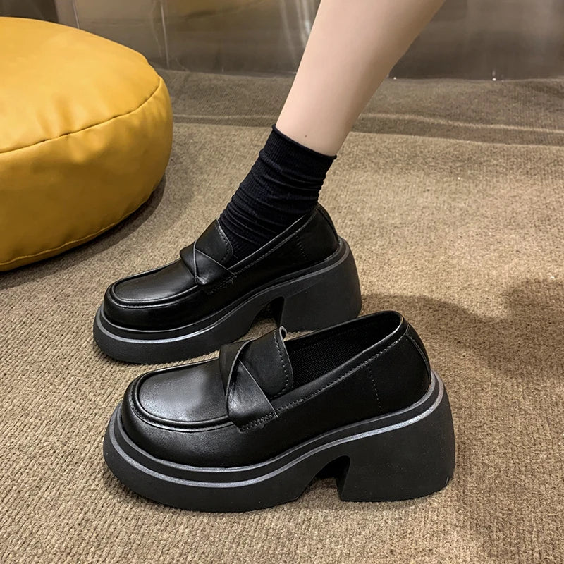 British Style Platform Thick Bottom Chunky Heels Round Toe Leather Women Loafers