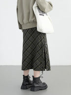 Long Casual Sweet Cool Style High Waist Slit Plaid Tube Skirt