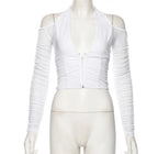 V-neck Mesh Cropped Summer See Through Long Sleeve Club T-shirts