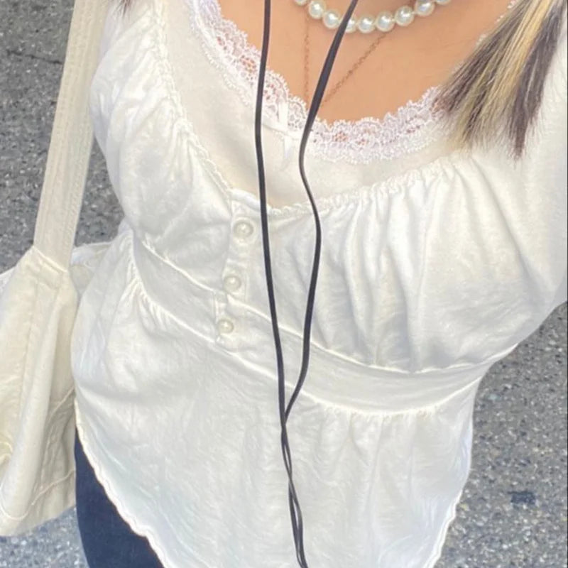 Grunge Lace Crop Y2K Vintage Square Neck Short Sleeve Sweet  Gothic T-shirts Main image
