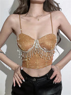 2024  Women Tube Rhinestones Tassels Sleeveless Suspender Strap Vest Push Up Diamonds Bustiers Corsets Crop Top