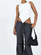 2024 Women  Solid Color Ribbed O-neck Slim Fit Sleeveless Irregular Hem Vest Club Streetwear Crop Top