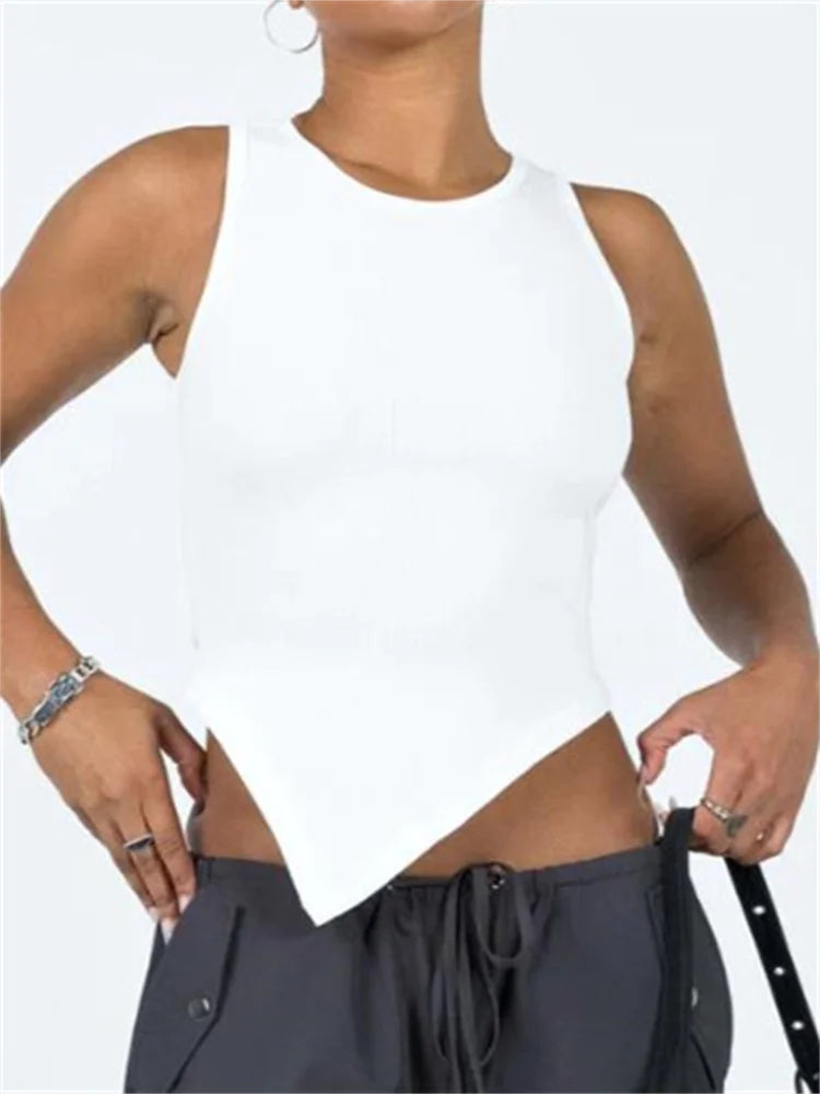 2024 Women Sexy Solid Color Ribbed O-neck Slim Fit Sleeveless Irregular Hem Vest Club Streetwear Crop Top